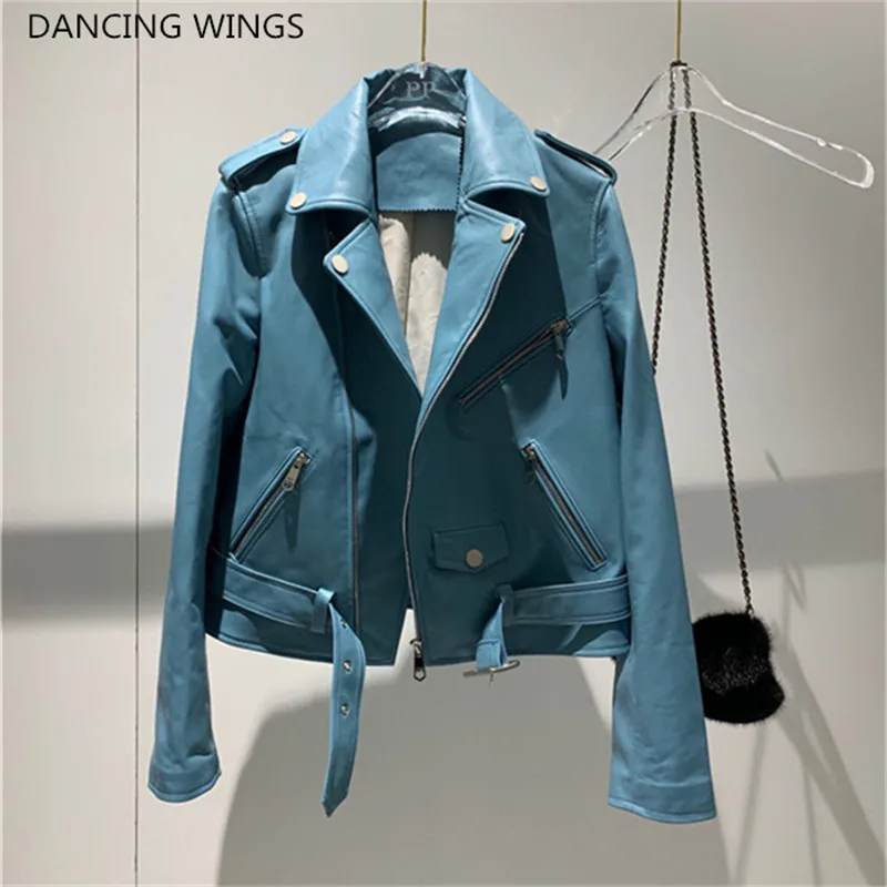 

Women's Real Sheepskin Leather Jackets Top Quality Genuine Leather Women Motorcycle Coat Short