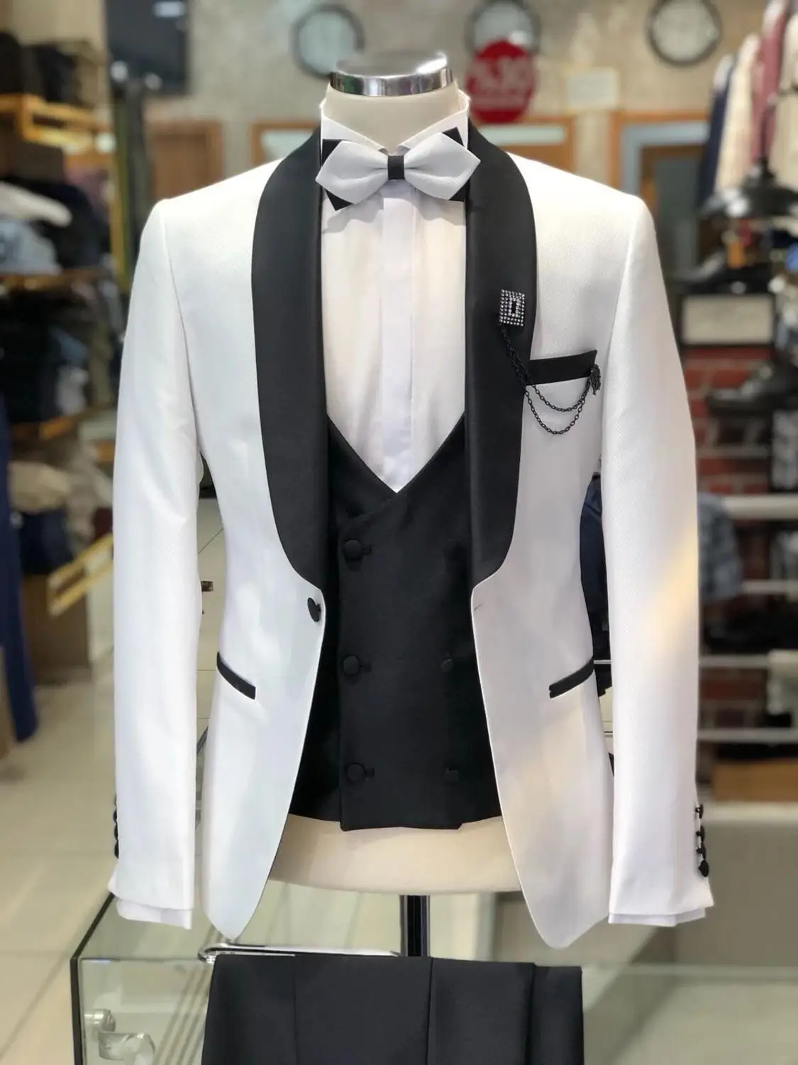White Men Suits Black Shawl Lapel Costume Homme Groom Tuxedos Wedding Prom Dinner Best Man Blazer 3 Pieces (Jacket+Pants+Vest) | Мужская