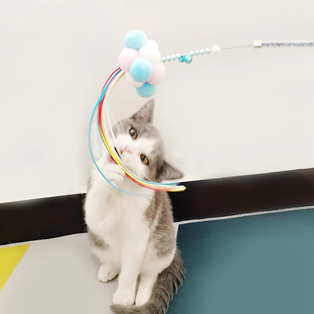 Pink Color 3PCS Cat Wand Toys Interactive Pom Pom Tassels Feather Cat Teasers Pet Stick Toys For Animals Pet Cats Entertainment