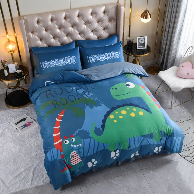 Velvet Warm fabric Blue Cartoon Dinosaur Beddding Set Unicorn Zipper Duvet cover Bed sheet pillowcase Twin Queen King size 4Pcs