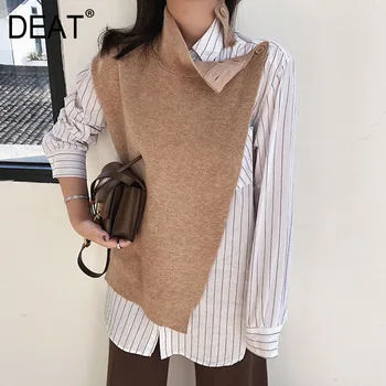 

[DEAT] 2020 New Fashion Korean Leisure Women's Blouse Full Sleeve Striped Knit Patchwork Slim Fit Fake Two Piece Clothes AP382