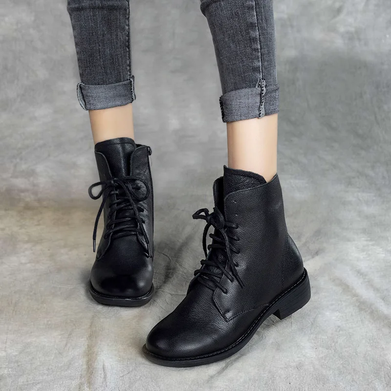 

Women Leather Boots Winter Warm Shoes Women Low Heels Black Ankle Boots Women Handmade Genuine Leather Martin Boots Sale 2019