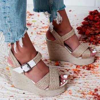 

Women Casual Sandals Straw Cane Sandals Ladies Wedge High Heel Sandals 2020 Summer Fashion Female Shoes Sandalias De Mujer D40