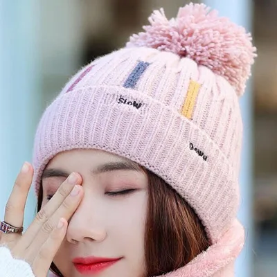 Knitted Hat With Scarf Collars SUOGRY Sets For Women Winter Ladies Hat& Scarf With Pompom Thick Two Piece Keep Snow Warm Set - Цвет: cap light purple
