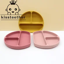 Kissteether – ensemble d'alimentation en Silicone pour bébé, Smiley, assiette à trois grilles, fourchette, cuillère, antidérapant, enfants apprennent à manger, vaisselle 