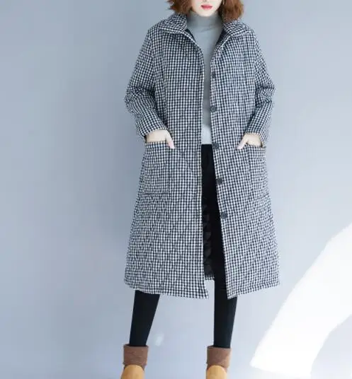 EORUTCIZ Winter Thick Women Parka Long Jacket Warm Plaid Oversize Coat Vintage Harajuku Autumn Outerwear LM565 - Цвет: Черный