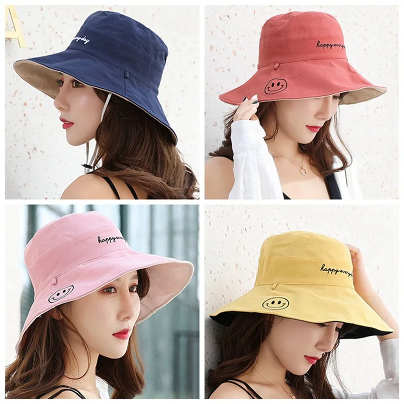 Новая женская летняя пляжная Рыбацкая шляпа с широкими полями, Женская Модная хлопковая шляпа со смайликом и буквенным принтом