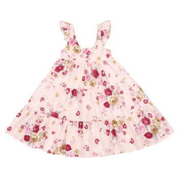 

Flofallzique Baby Girl Dress 3-layer Sling Lotus Leaf Sleeve Vintage Printed Cotton for Beach Outing Outdoor Activities