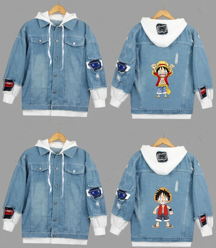 AnimeONE/толстовки с капюшоном с изображением обезьяны D Luffy, толстовки для косплея, костюмы Roronoa Zoro, куртки, Повседневная джинсовая куртка с героями мультфильмов