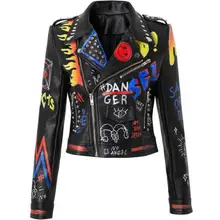  Rivet beading Pu Leather Jacket Women Graffiti Colorful Print Biker Jackets and Coats PUNK Streetwear jacket 