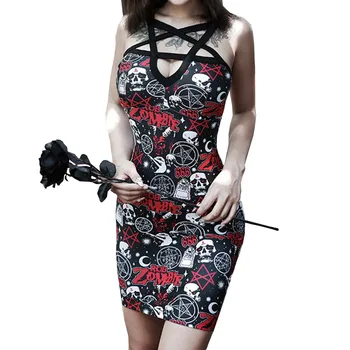 

2020 Pentagram Hollow Out Sexy Gothic Dress Halloween Skull Rose Printed Bodycon Mini Party Lady Dress Harajuku Streetwear