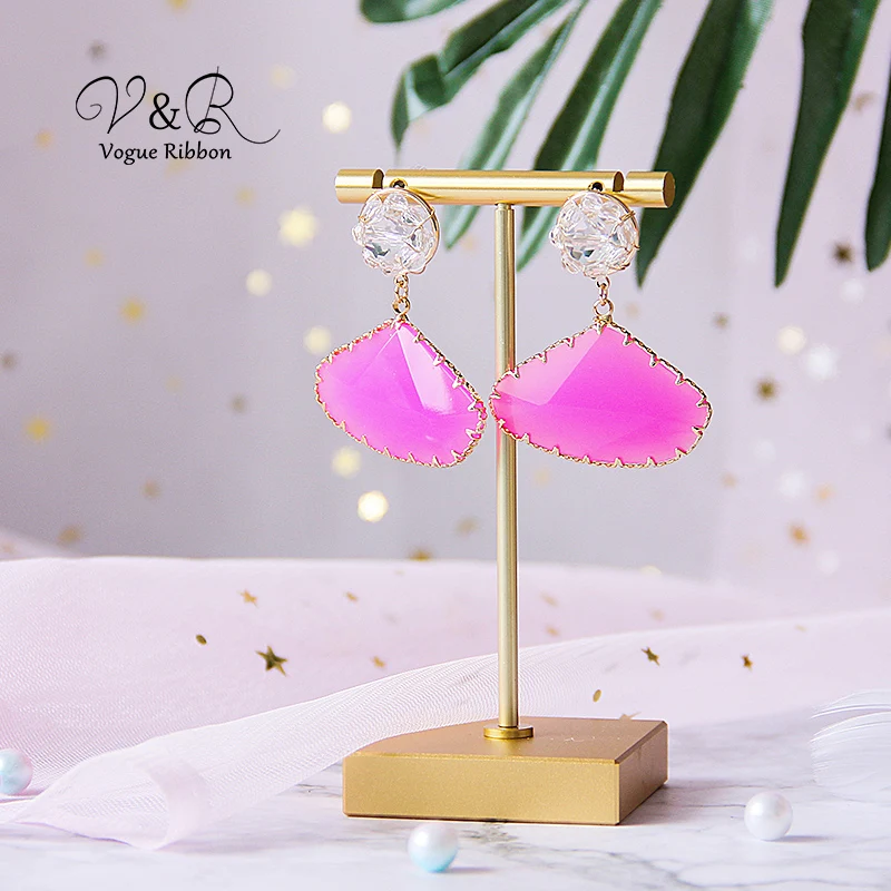 925 Sterling silver post drop earring, real gold plated, hand-knitted glass stud with colorful resin drop with filigree metal edge, fashion jewelry for girl  (6)