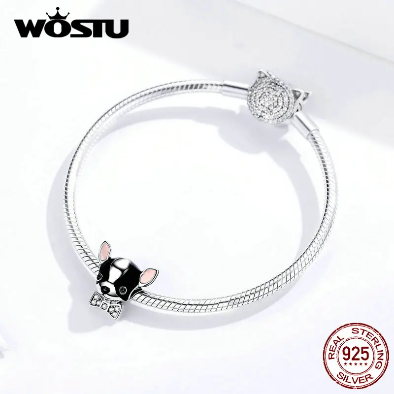 WOSTU, настоящее 925 пробы, серебро, чихуахуа, милая собака, бусины, подвески в виде животных, подходят к оригинальному браслету, серебро 925, ювелирные изделия DXC1310