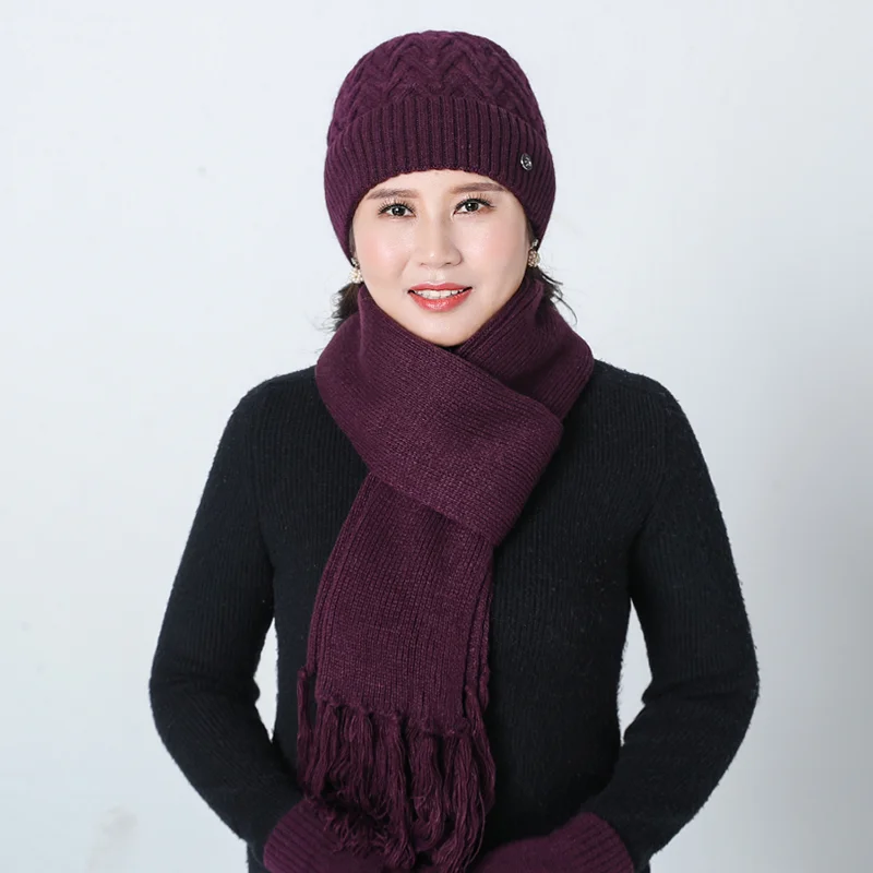 Новинка, вязанная зимняя шапка Skullies с кроличьим мехом, женские шапки бини из плотного хлопка, женский зимний шарф, перчатки, комплект из трех предметов