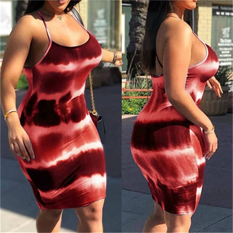 2019 New Trend Women mini Dress Female Sling Sleeveless Slash Neck Tie Dye Printing Bodycon Short Mini Bodycon Vestito Clubwear