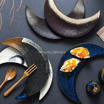

Japanese Food Sushi Plate Ceramic Irregular Plate Creative Retro Moon Shape Plate Snack Plate Kitchen Tableware Dessert Dish