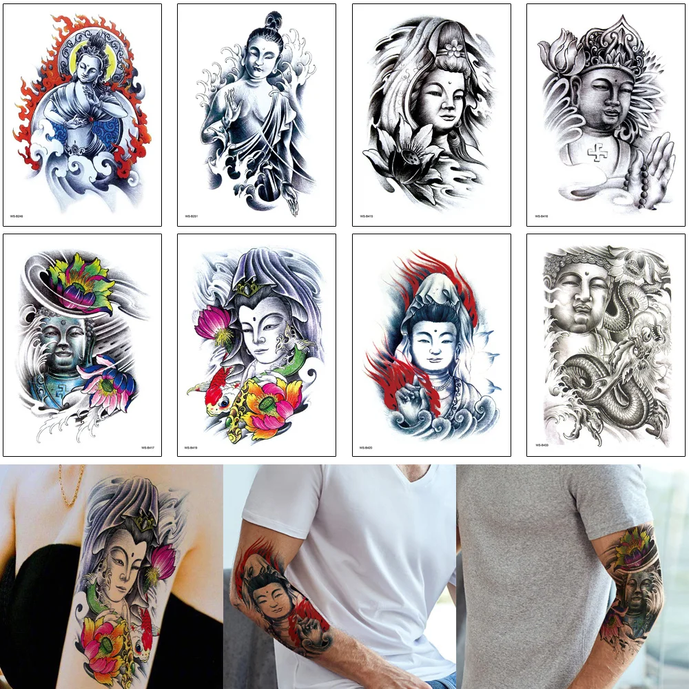 Bouddha Tatouage Conception Impermeable A L Eau Transfert Decalcomanie Immortel Soleil Wukong Lotus Fleur Autocollant Temporaire Corps Maquillage Tatouage Fete Aliexpress