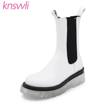 

Clear Crystal Thick Sole Motorcycle Boots Woman Round Toe Chelsea Boots Ladies Platform Short Boots Casual Mid Calf Boots Women