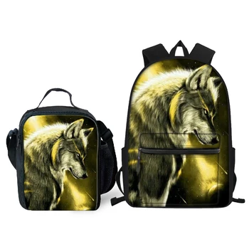 

HYCOOL 2Pcs/Set Bags Set Wild Wolf Print Fashion Men Stylish Laptop Backpack Male Bento Box Bag Teenage Boys Schoolbag Rucksack