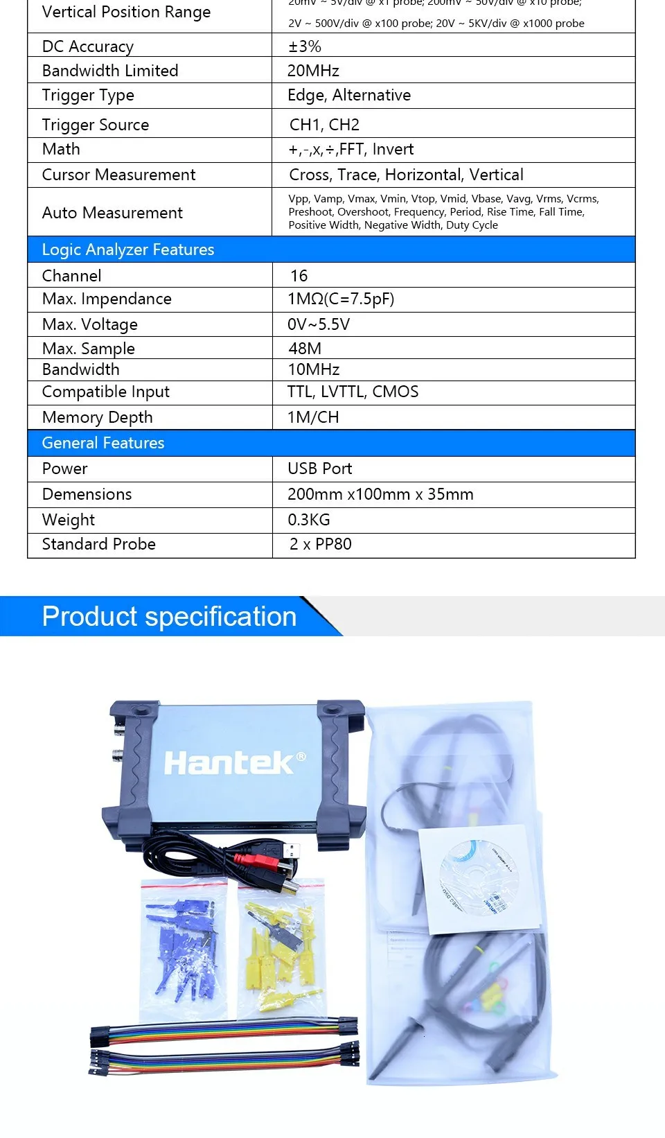 Hantek 6022BL PC USB осциллограф 2 канала 20 МГц полоса пропускания 48MSa/s частота дискретизации 16 каналов логический анализатор осциллограф