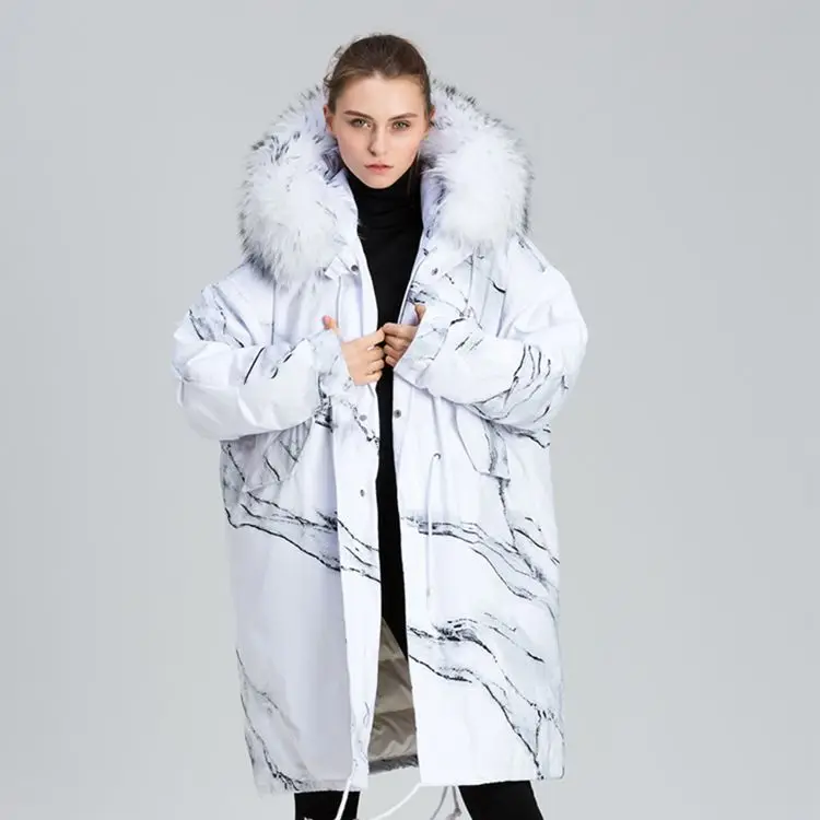 Ink painting design new personality loose raccoon white collars in the long winter coats for women