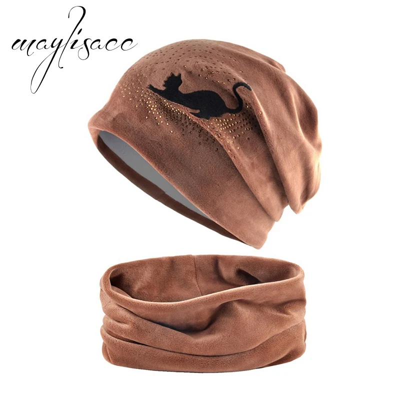 Maylisacc, Женская осенне-зимняя теплая шапка с шарфом и кольцом, милые шапочки с котом, шапки в стиле хип-хоп, женские шарфы с шапкой - Цвет: Coffee