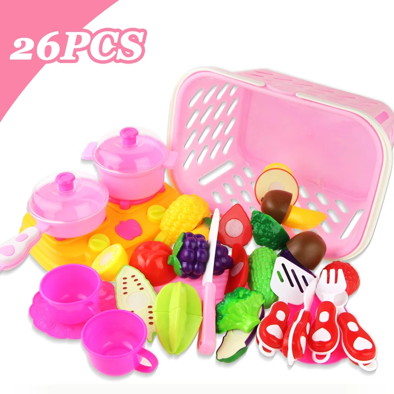 

26pcs/Set Kids Pretend Play Fruit Vegetable Cutting Toy Miniature Kitchen Appliance Set Play House Toy Educational Gift for Baby