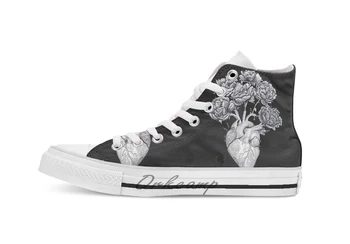 

Heart with peonies BW on black breathable Casual High Top lace-up Canvas shoes sneakers Drop shipping