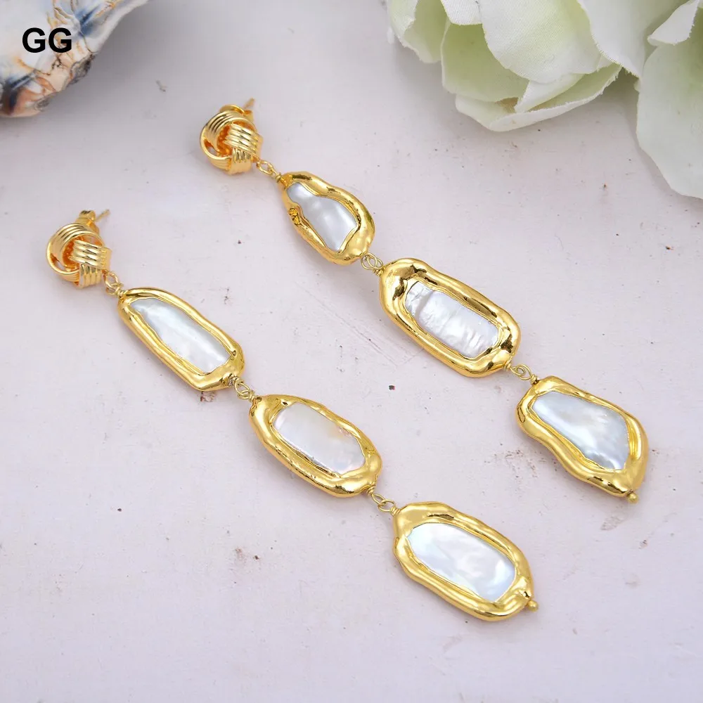 

GG Jewelry Natural Cultured White Biwa Pearl With Electroplated Edge Dangle Stud Earrings Luxury For Women Lady Gift