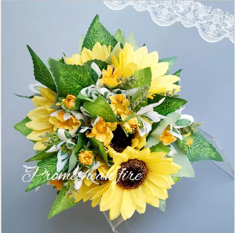 Handmade Artificial Bridal Wedding Bouquet Romantic Sunflower Rope Handle Satin Ribbon Church Party Home Decoration SPH072 - Цвет: color same as pic