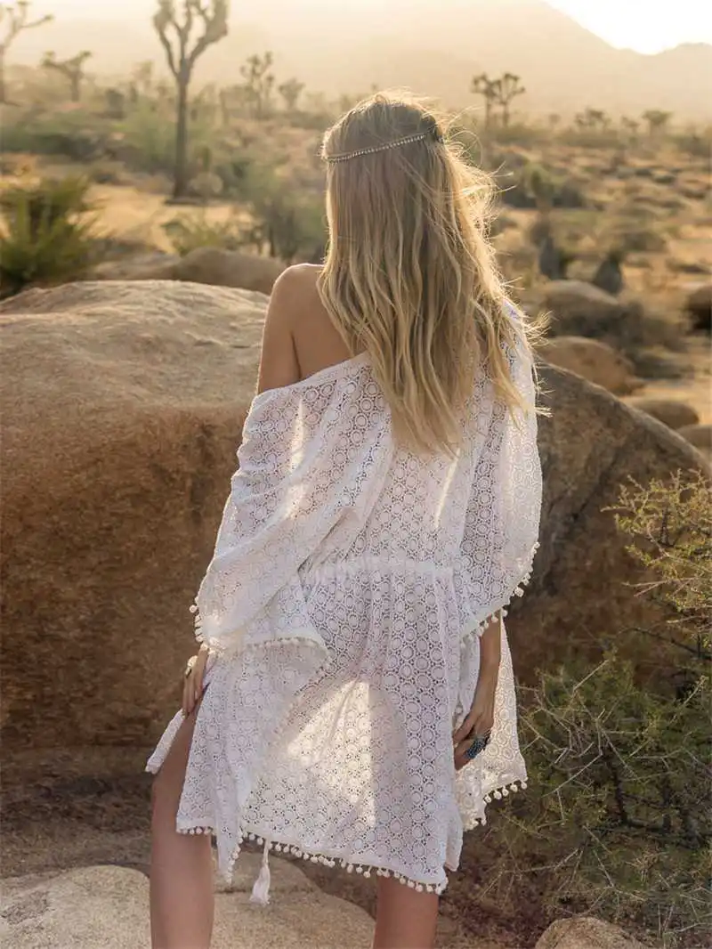 

Beach Dress Boho Cover-ups Summer Women Lace Hollow Out White Cotton Tunic Dress Bikini Bath Sarong Wrap Skirt Swimsuit Cover