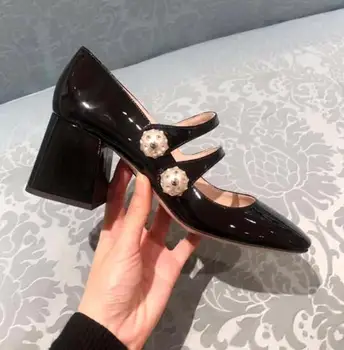 

Moraima snc Vintage Pearls Decorations High Heel Shoes Round Toe Patent leather Woman Pumps Ankle Strap Thick Heels Dress Shoe