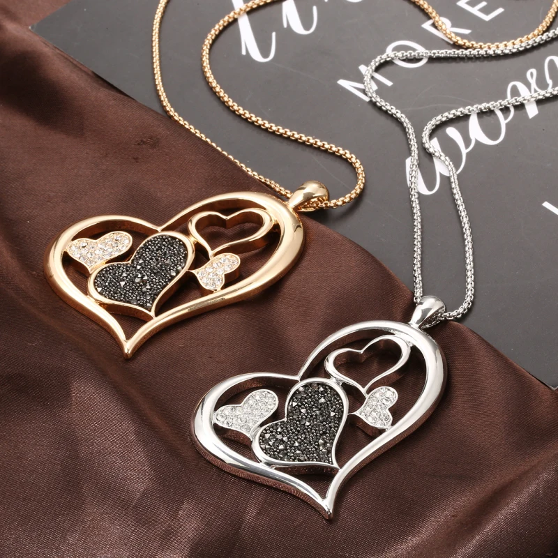 

Gold Silver Heart Vintage Pendant Necklace Unique White and Black Crystal Sweater Chain Long Necklace For Women Gifts 2019 New