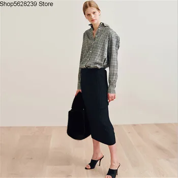 

2020 Boutique Medium Length Money Embroidery Shirt Grid Women's Shirt Long Sleeve Loose Big Code Top Thin
