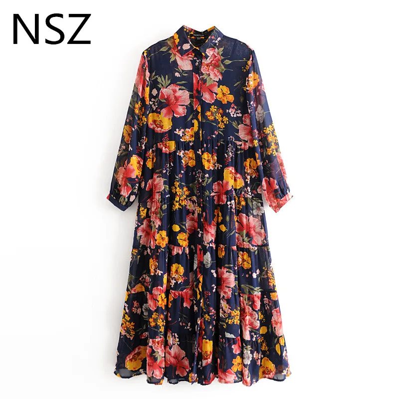 NSZ women floral printed long maxi chiffon dress sleeve turn down collar vacation infinity boho pleated beach flowy | Женская одежда