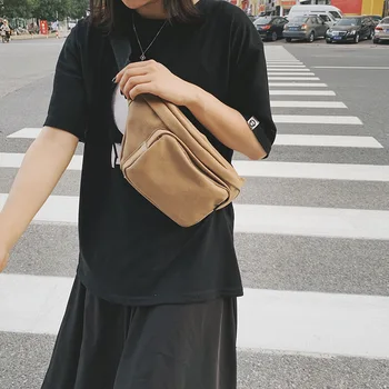 

Solid color canvas student chest bag waist bag Japanese style messenger female bag doll pendant