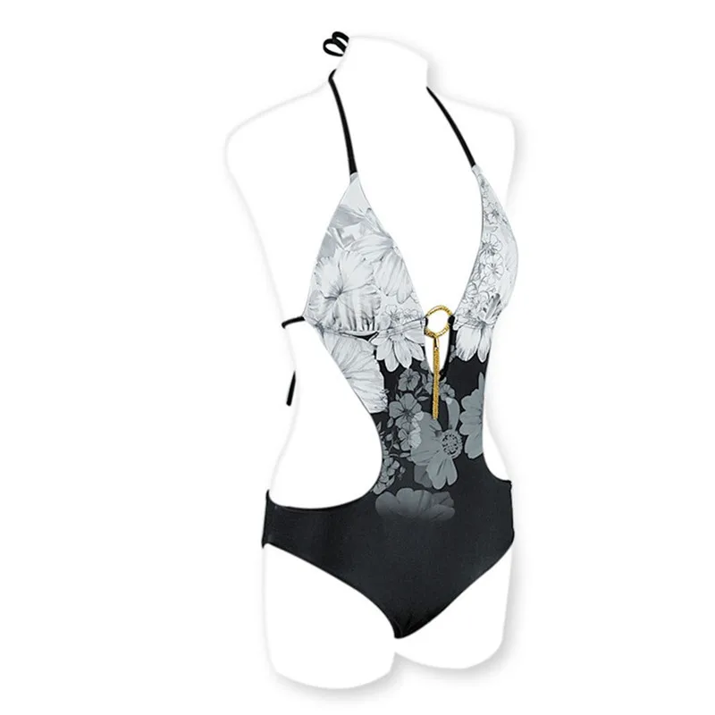 Sexy Bikini Bandage Swimwear Backless Bathing Suit One-Piece Black White Flower Swimsuit Beach Sunbathing Push Up Bikini Set