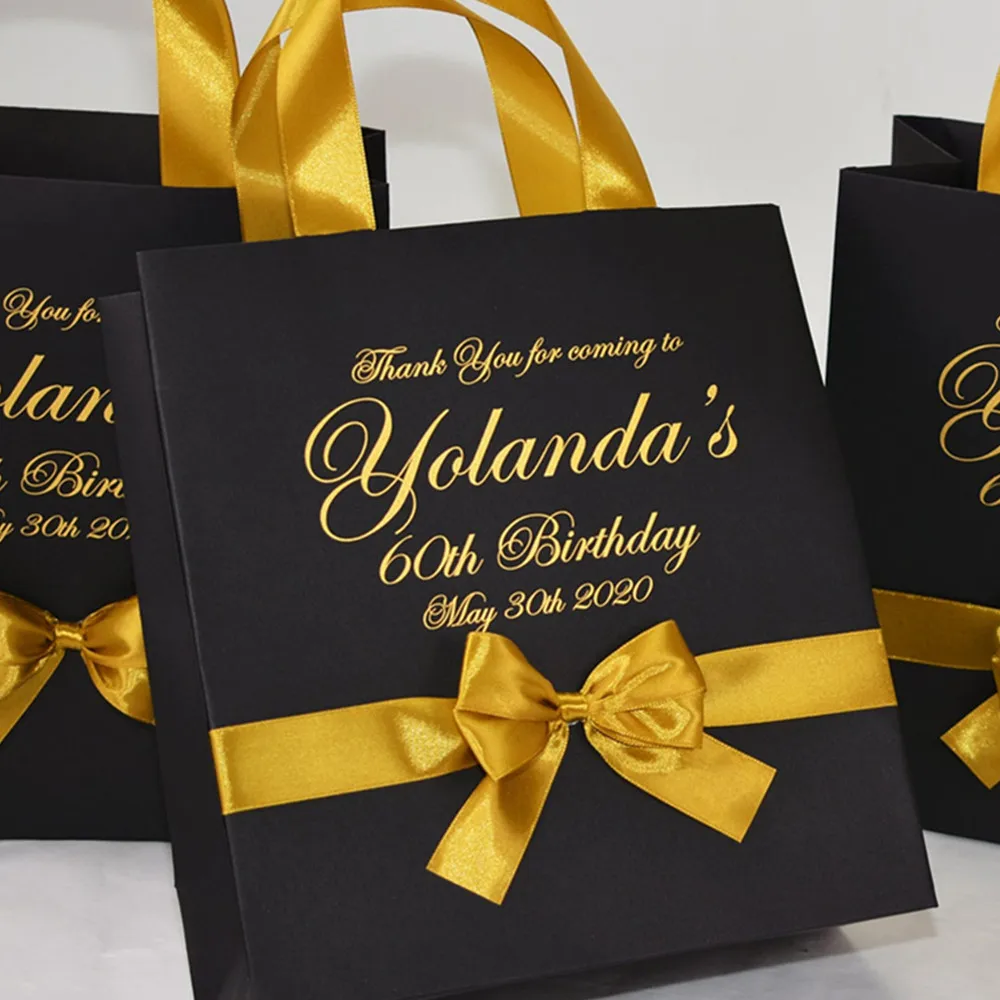 Personalized Birthday Party Favor Bags with satin ribbon bow and name,  Elegant Black & Gold 50th Anniversary gifts for guests