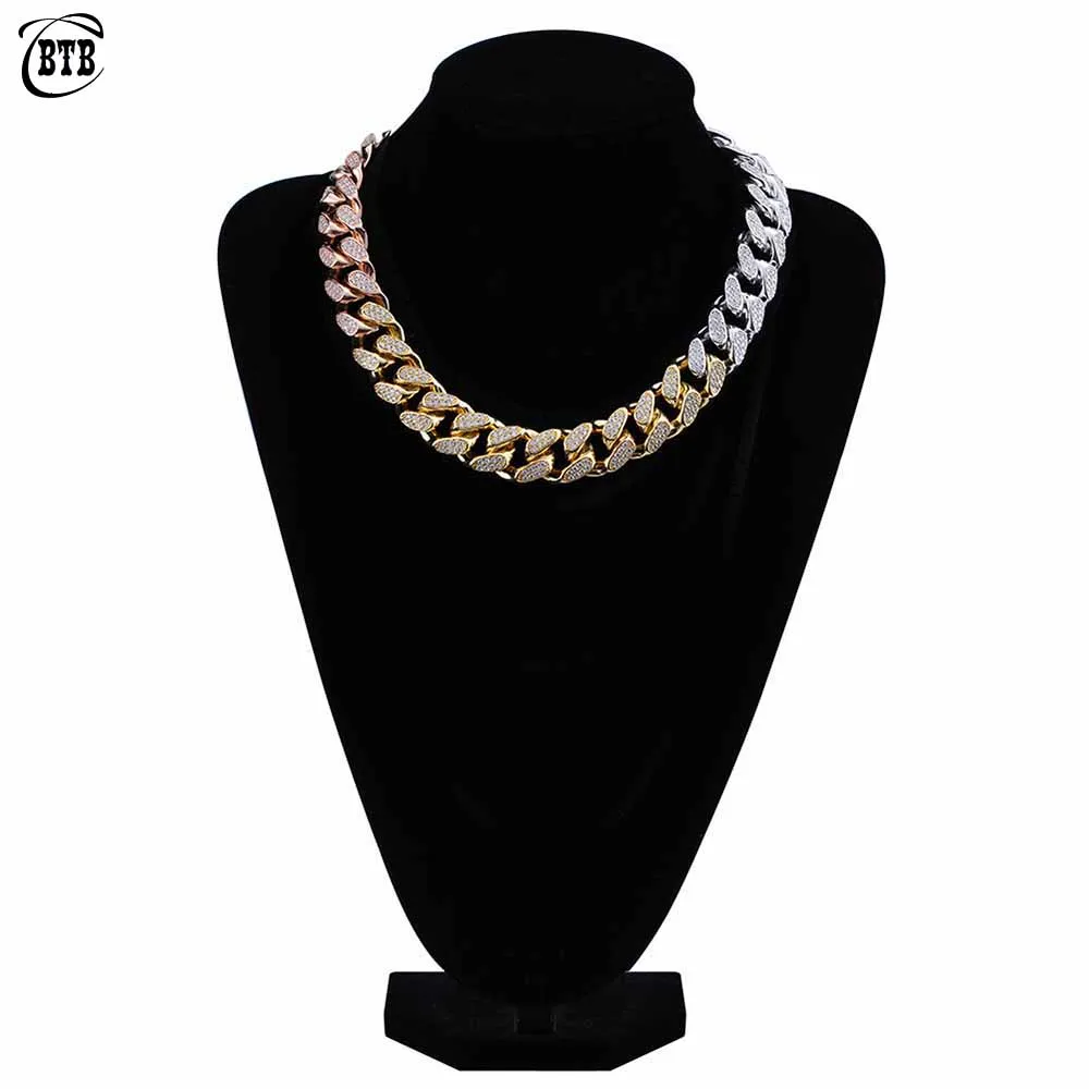 

Hip Hop 14/18mm Cuban Chain Necklace Micro Pave Cubic Zircon Stones Tricolor Necklaces Gold Silver Rose Color Men's Jewelry