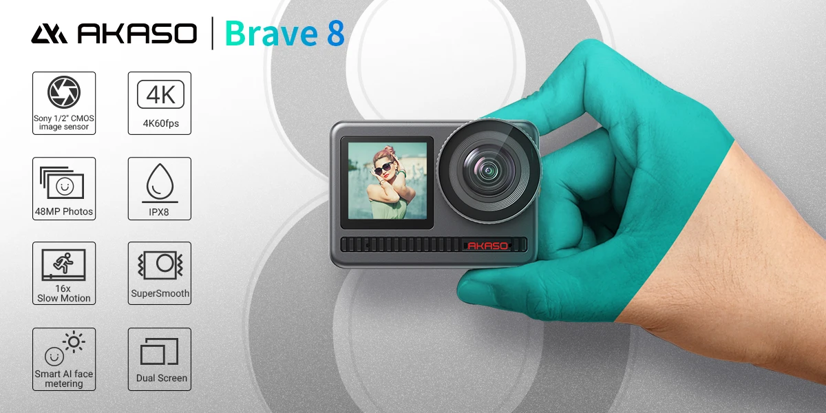 New ! AKASO Brave 8 4K60fps 48MP Action Camera SuperSmooth Vlog Camera 8K Time-Lapse Waterproof Action Camera Dual Screen