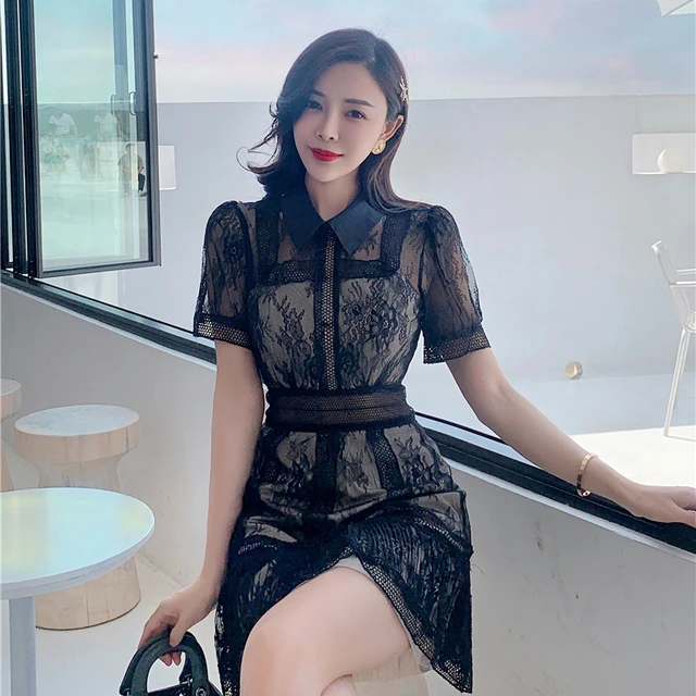 New Vintage Lace Women's Party Sexy Hollow Out Black Mini Short Sleeve Dress Harajuku Casual Female Mesh Lace Dress Vestido 4