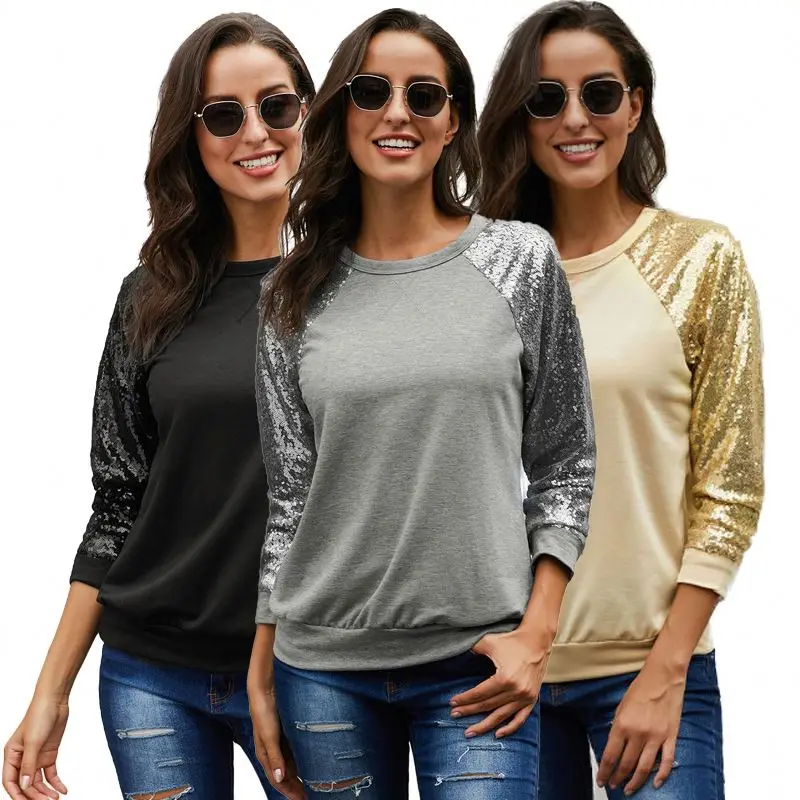 

2021 New Design Winter Fashion Tops Casual Long Sleeve Pullover Sequin Sweatshirt