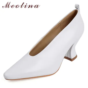

Meotina High Heels Women Pumps Natural Genuine Leather Strange Style High Heel Glove Shoes Real Leather Round Toe Shoes Lady 43