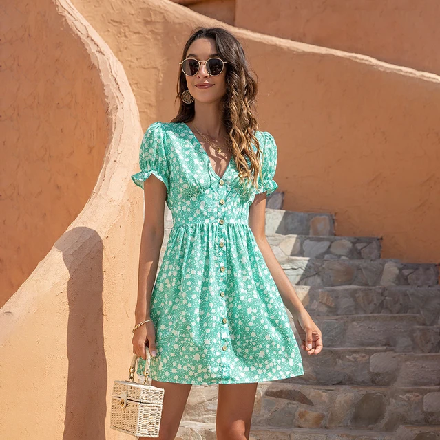 Women Short Sleeve Floral Mini Dress Casual Green Print Puff Sleeve Dresses Summer 2021 Ladies Sexy V Neck Button Beach Dress green