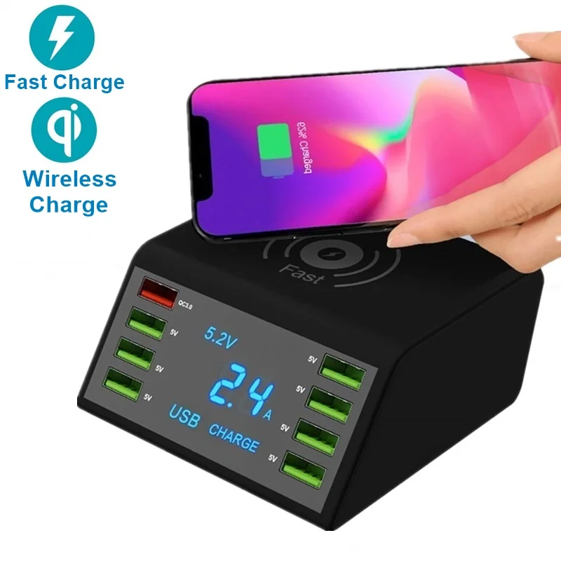 Cargador inalámbrico Tongdaytech Multi 8 puertos USB Lcd Qi para Iphone X 8 Plus cargador rápido 30