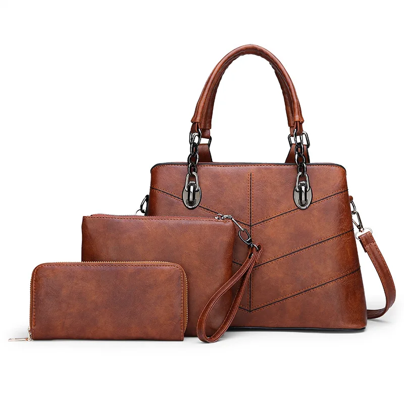 

2018 Winter Europe And America WOMEN'S Bag PU Leather Joint Different Size Bags Three-piece Set One-Shoulder Diagonal Handbag Fa