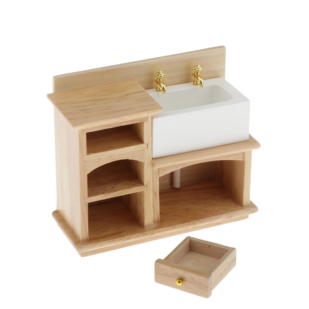 Miniature Wooden Cabinet With Ceramic Sink Furniture For 1/12 Dollhouse Bathroom Or Kitchen Decoration