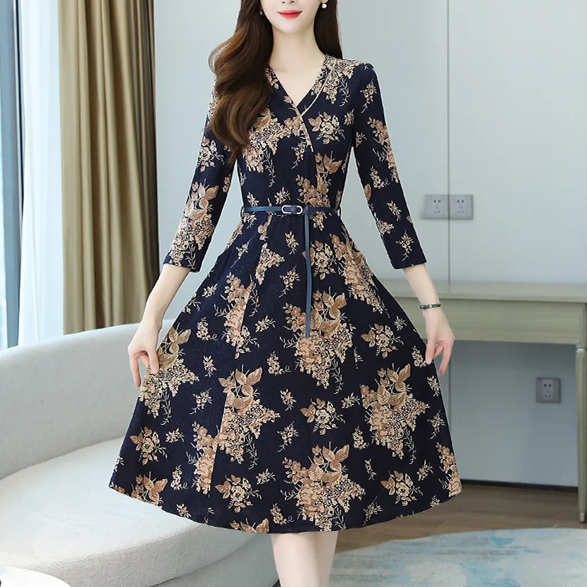 

Spring Autumn Floral Vintage Dress Women V-Neck Elegant Dress High Quality Fashion Designer Dresses Vestidos