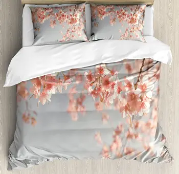 

Peach Duvet Cover Set Japanese Scenery Sakura Tree Cherry Blossom Nature Photography Coming of Spring Bedding Set Bluegrey Coral