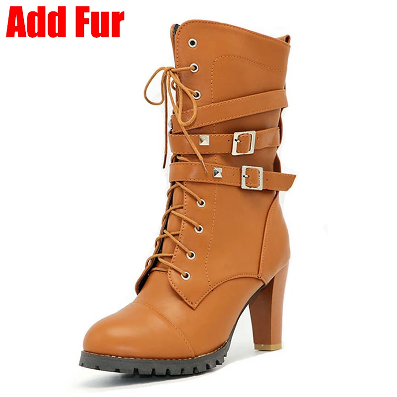 yellow add fur 1 ALLENLYNN/женские мотоциклетные ботинки; ботильоны в западном стиле; женская обувь; женские осенние ботинки на высоком каблуке с пряжкой; Размеры 33-48 - Цвет: yellow add fur 1